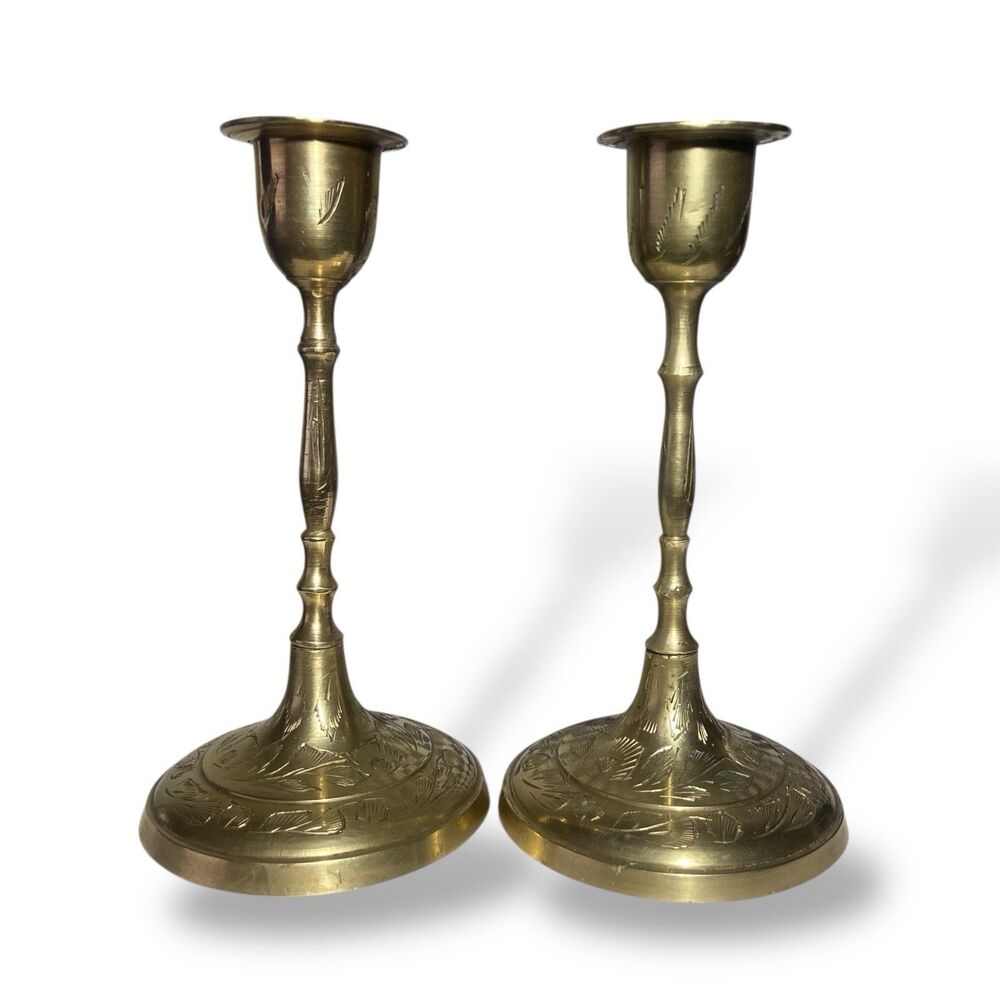 Pair Of Vintage India Brass Candlesticks Engraved 2 Candle Holders Home Altar